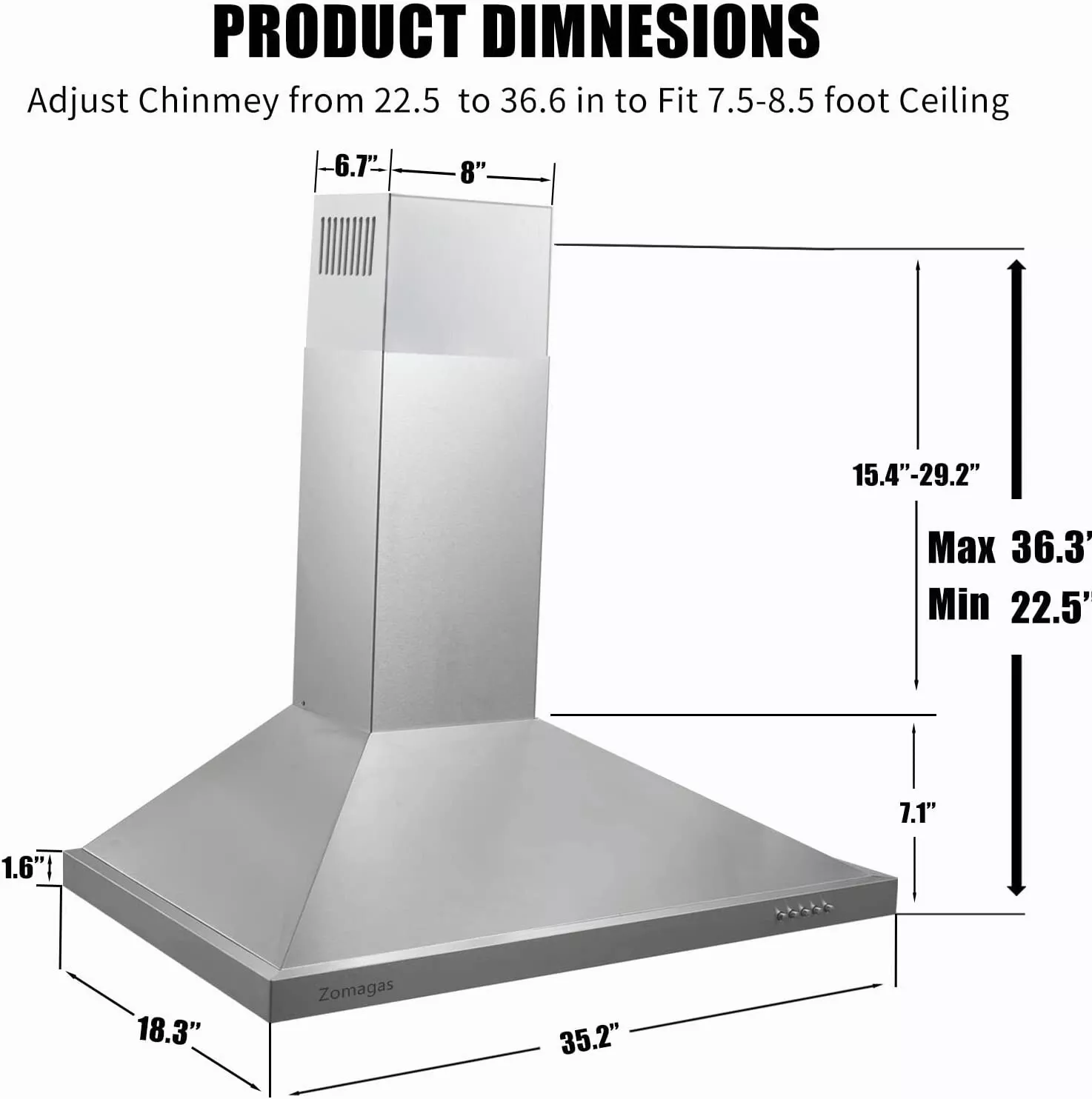 Range Hood 36-Inch Wall Mount Vent Hood Stainless Steel Ducted/Ductless 3 Speed Exhaust Fan