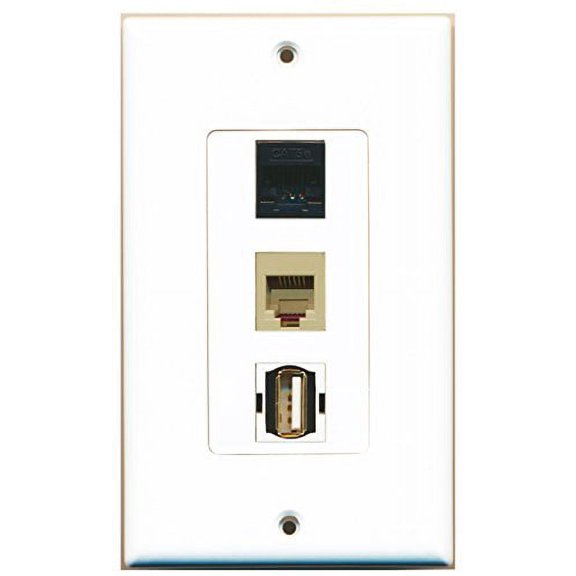 RiteAV - 1 Port USB A-A and 1 Port Phone RJ11 RJ12 Beige and 1 Port Cat5e Ethernet Black Decorative Wall Plate Decorative