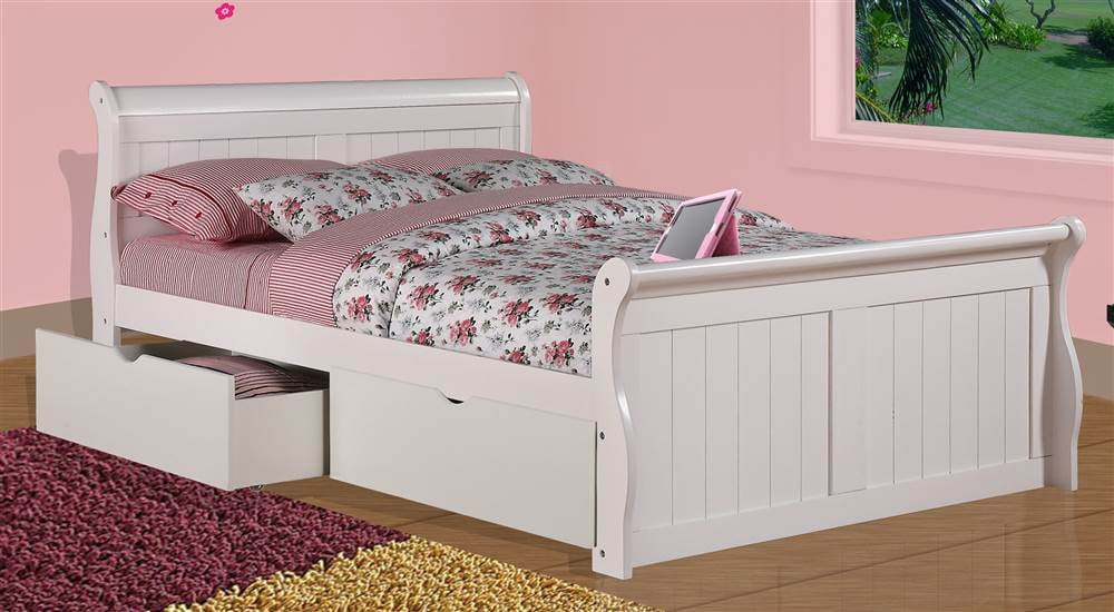 Full Sleigh Bed with Dual Underbed Drawers in White