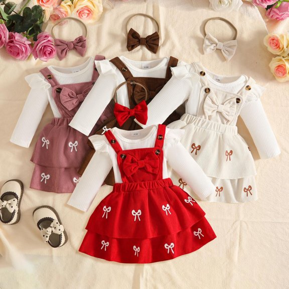 ibiyuan 0-3 Months Baby Girl Clothes Outfits 2 Piece Cute Baby Outfit, Long Sleeve Romper Bodysuit Bowknot Print Suspender Skirt Back To School