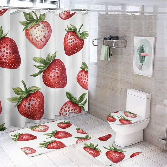 Watercolor Strawberry Shower Curtain Sets with Rugs 4 Piece with Non-Slip Rugs Toilet Lid Cover And Bath Mat Bathroom Decor Set Cute Strawberry Waterproof Fabric Bath Curtain for Bathroom Decor Set
