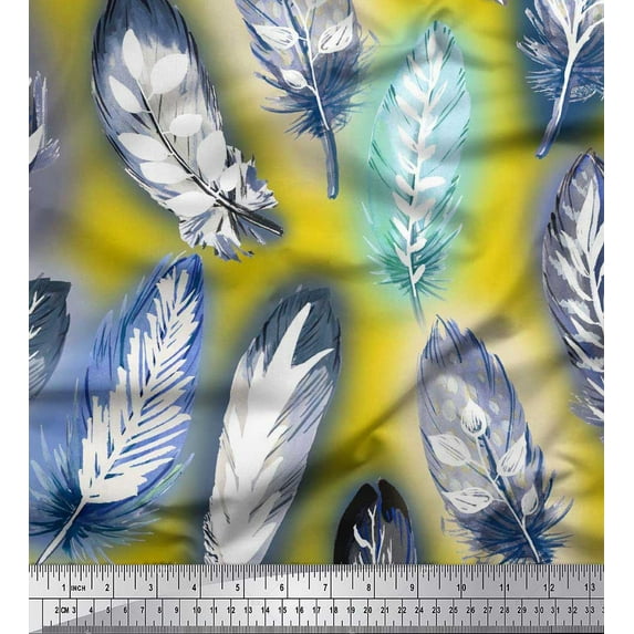 Soimoi Cotton Voile Fabric Leaves & Feather Printed Fabric 1 Yard 42 Inch Wide