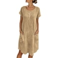 thumbnail image 2 of Womens Summer Dresses Round Neck Ruched Waist Dress Women's Summer Solid Color Casual Round Neck Short Sleeved Dress Khaki L, 2 of 7