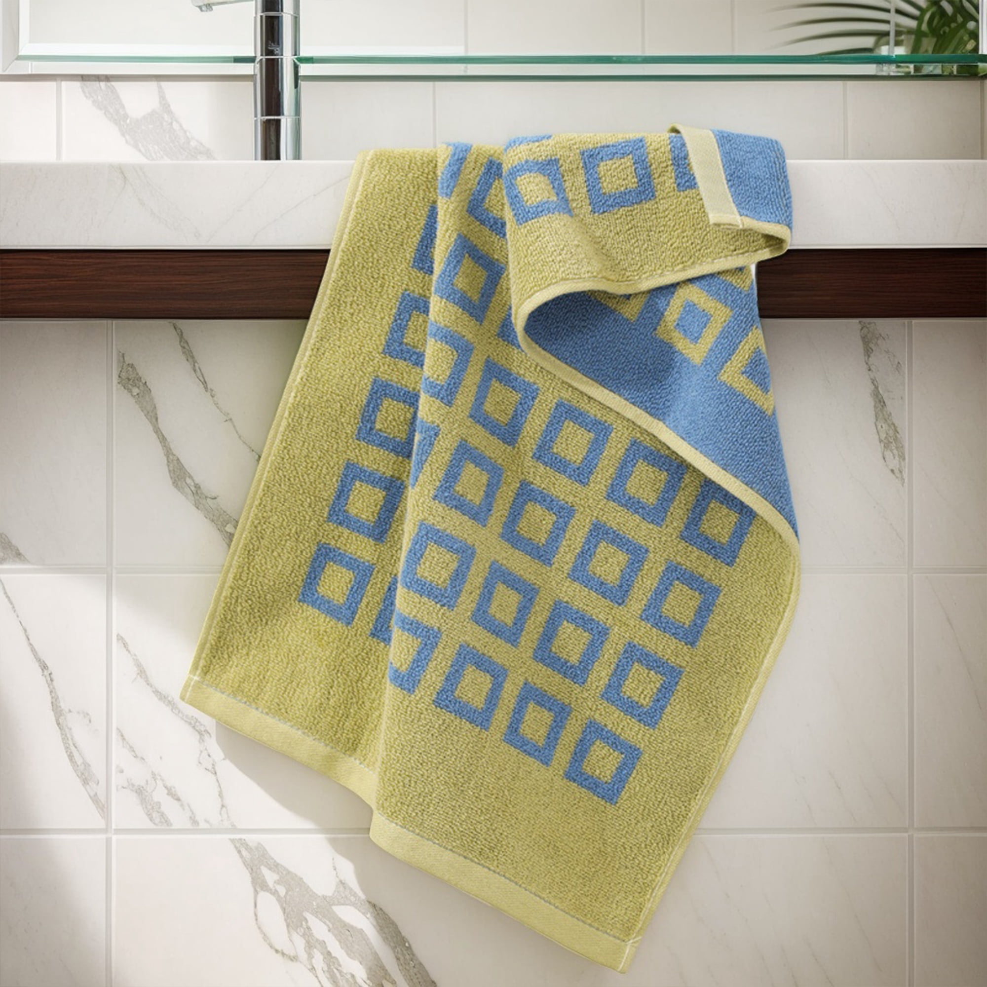 Unique Bargains Geometry Patterned Cotton Hand Towels Blue 4 Pcs