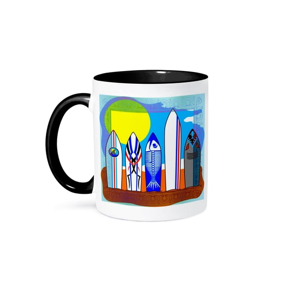 3dRose, Surfboard line up clip art, 11oz Two-Tone Black Mug