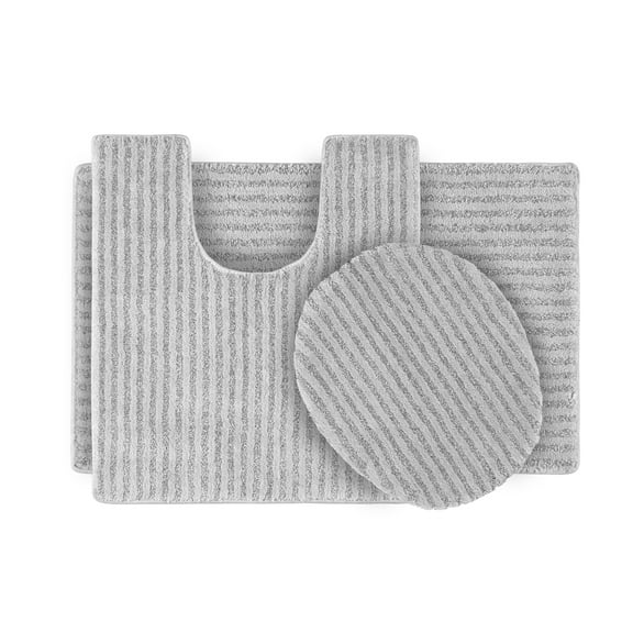 Garland Rug Sheridan Washable Nylon Bath Rug Set, 3 Piece Set (21"x34" Bath Rug, Contour Rug, & Toilet Lid) Platinum Gray