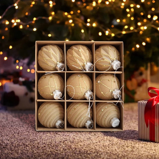 Fiudx Adornos Navideños de Terciopelo con Detalles Dorados, Decoración Navideña de Lujo, Accesorio de Fotografía, Adornos Versátiles para El Árbol, Color Champán, Juego de 9 Piezas, 8 Cm
