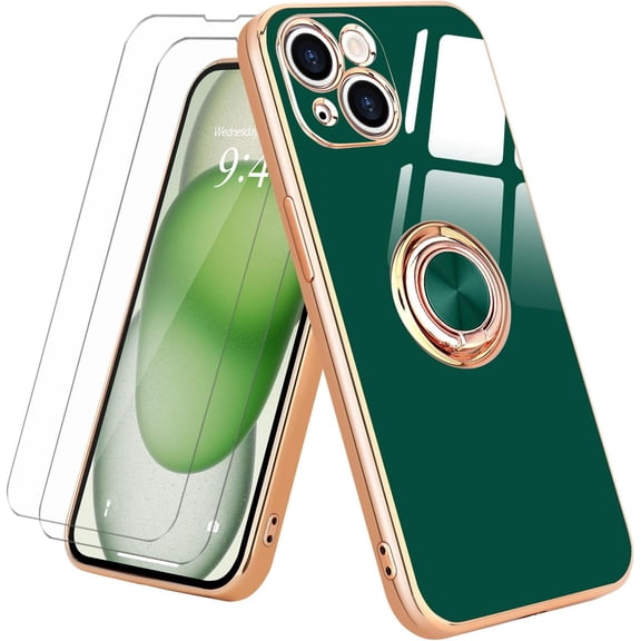 for iPhone 15 Plus Case with Stand 360° Rotatable Ring Holder Magnetic [with 2 Screen Protector] Kickstand Gold Plating for Women Men Shockproof Protective Phone Case for iPhone 15 Plus, Green