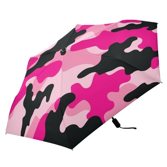 Pink and Black Camouflage Compact Folding Umbrella for Rain Windproof Travel Umbrella UPF 50  Lightweight Packable Arc Size