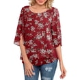 thumbnail image 2 of Pompotops Femmes Casual Imprimé Floral Col Rond 3/4 Manches en Mousseline de Soie Blouse Tops, 2 of 7
