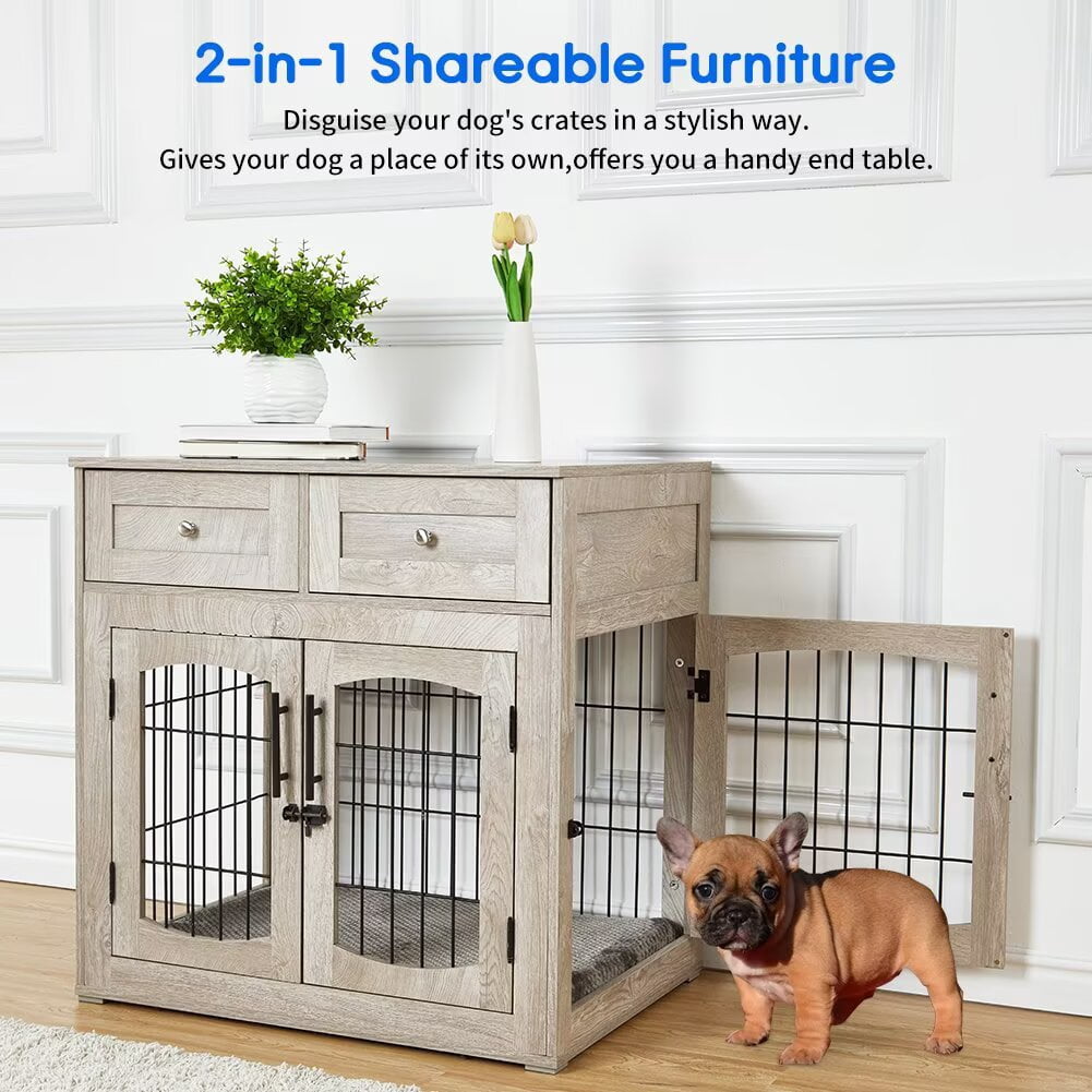 Dog Crate Furniture, 31.5" Wood Dog Kennel with Double Doors, Heavy Duty Dog Cage End Table with 2 Drawers, for Medium/Small Dogs, Rustic Gray