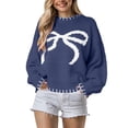 thumbnail image 2 of GEWSEY Women Y2K Bow Knit Sweater Crew Neck Long Sleeve Knitted Pullover Oversized Contrast Trim Knitwear (Blue, M), 2 of 5