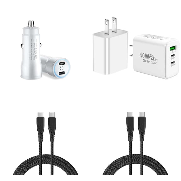Universal 40W Dual USB-C PD Power Delivery Car Charger, 40W 3-Port Wall Charger, 60W USB-C to USB-C Cables for TCL 50 LE - White