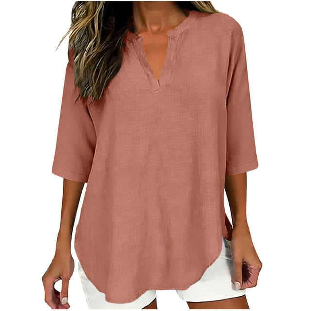 FRSASU Chemises Imitation Coton Lin pour Femmes Hauts d'Été Manches Courtes Col en V Unies Blouses Décontractées T-Shirts Tendance de Vacances Rouge Melon D\'eau S(S)