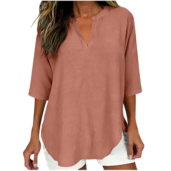 Atogsazn Women's Linen V Neck Blouse Plus Suze 3/4 Sleeve Shirt Pullover Flowy Tops Outfit T-shirt Summer 01-Watermelon Red M Fashion