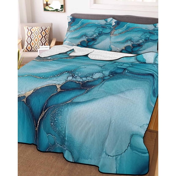 Turquoise Modern Full Size Down Alternative Comforter, Lightweight Comforter Quilt Bedding Set with Pillow Shams Teal Grey Marble Textured All Seasons Bed Comforter Duvet Insert 78"x90"