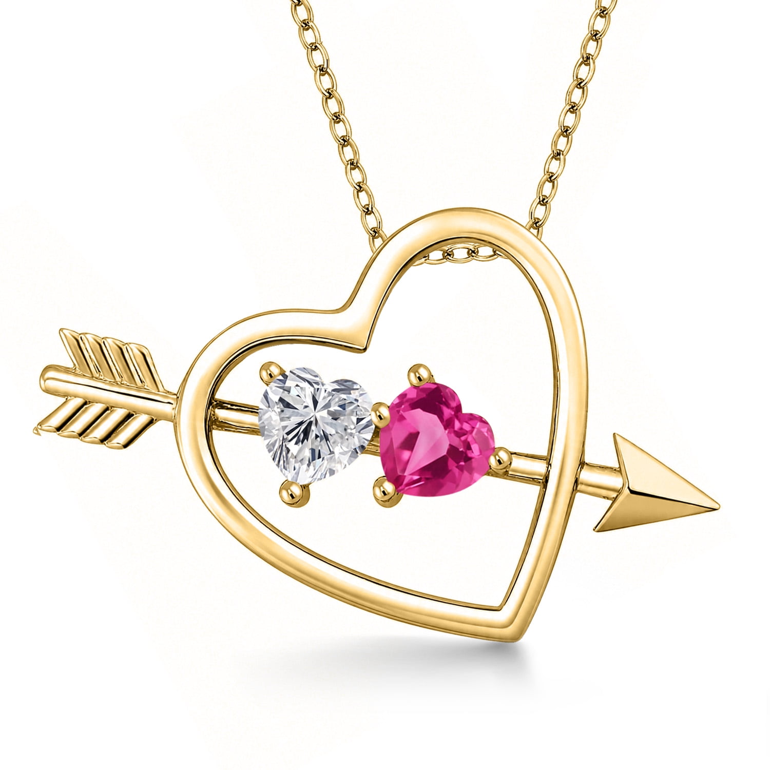 Gem Stone King 18K Yellow Gold Plated Silver Lab Grown Diamond and Pink Created Sapphire Pendant Necklace for Women | 1.04 Cttw | Gemstone April Birthstone | Heart Shape 5MM | With 18 inch Chain