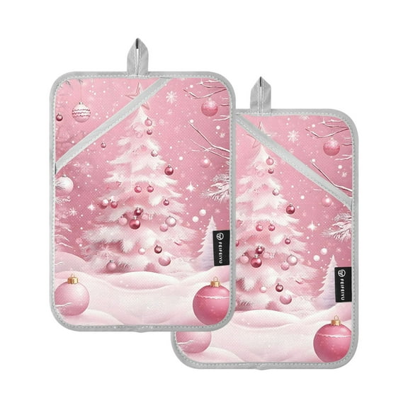 Pink Christmas Tree in Winter Oven Mitts Pot Holders 2 pcs Heat Resistant for Kitchen Baking Grilling
