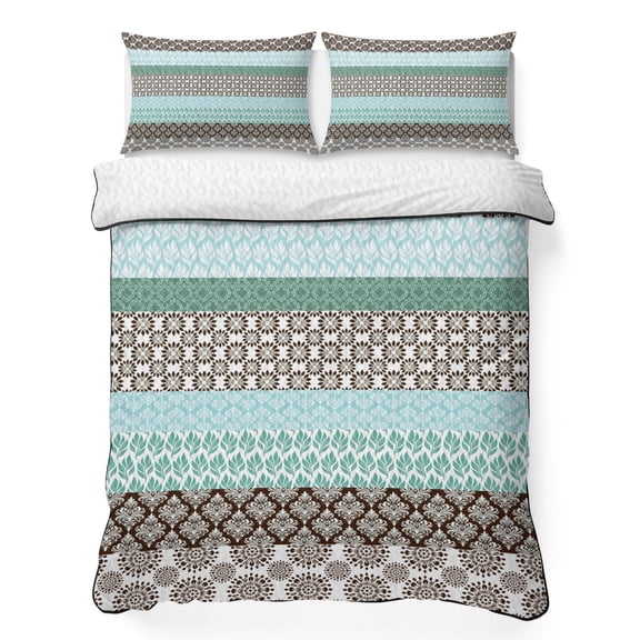 Twin Quilt Set 68''x86'', Boho Geometric Lightweight Summer Bedspread Coverlet Set with 2 Pillow Shams, Turquoise Green Brown Tribal Stripes Breathable All Season Quilt Bedding for Dorm/Bedroom