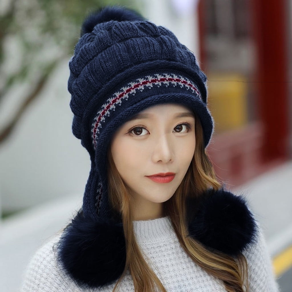 Fashion Womens Knitted Hats Winter Keep Warm Color Matching Hair Ball Thick Double Warm Hats Caps Unisex 