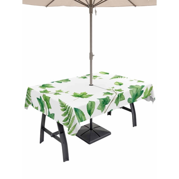 Outdoor Tablecloth with Umbrella Hole for Patio/Picnic/Party/Camping, Green Botanical Waterproof Table Cloth Rectangle Table Cover Washable, Spring Ivy Ferns Leaves Plants (60"x 120")