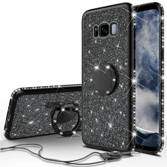 SOGA Diamond Bling Glitter Cute Phone Case with Kickstand Compatible for Samsung Galaxy S8 Plus Case,Rhinestone Bumper Slim with Ring Stand Girls Women Cover for Samsung Galaxy S8 Plus (Black)
