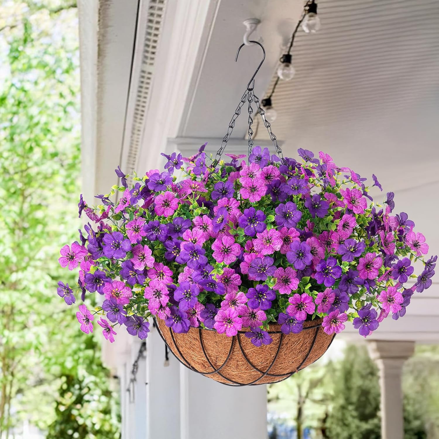 Artificial Faux Hanging Plants Flowers Basket for Outdoor Outside Spring Summer Decoration, Silk Purple Morning Glory in Planter UV Resistant Look Real Fake Flowers for Porch Patio Balcony Home Yard
