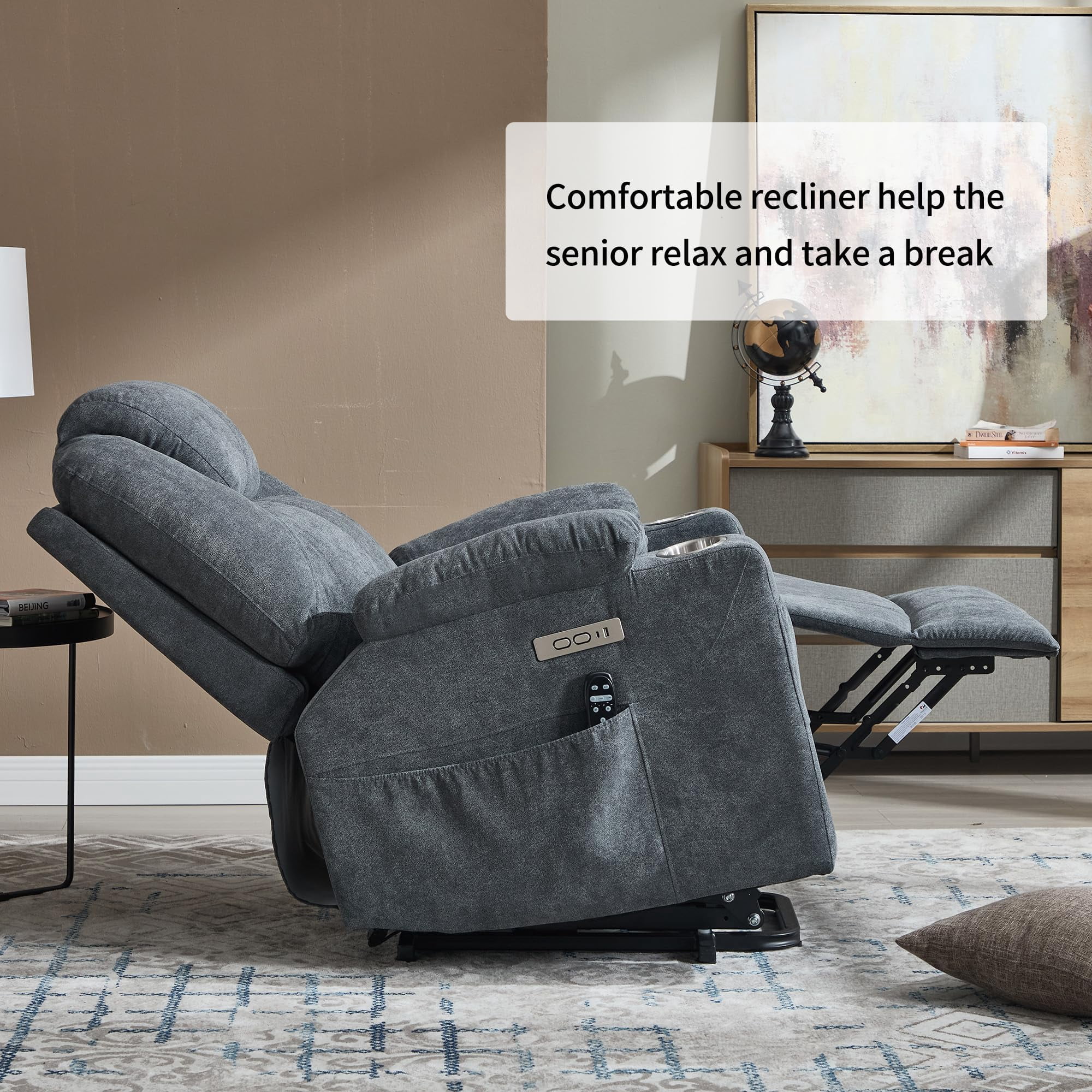 Power Lift Recliner Chair, Electric Lift Recliner for Elderly Reclining Chair with Vibration Massage and Lumbar Heating, Single Sofa with Charging Ports Cup Holders