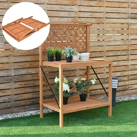 Costway Folding Wood Potting Bench With Top Hanging Bar And Hooks Costway Folding Wood Potting Bench With Top Hanging Bar And Hooks