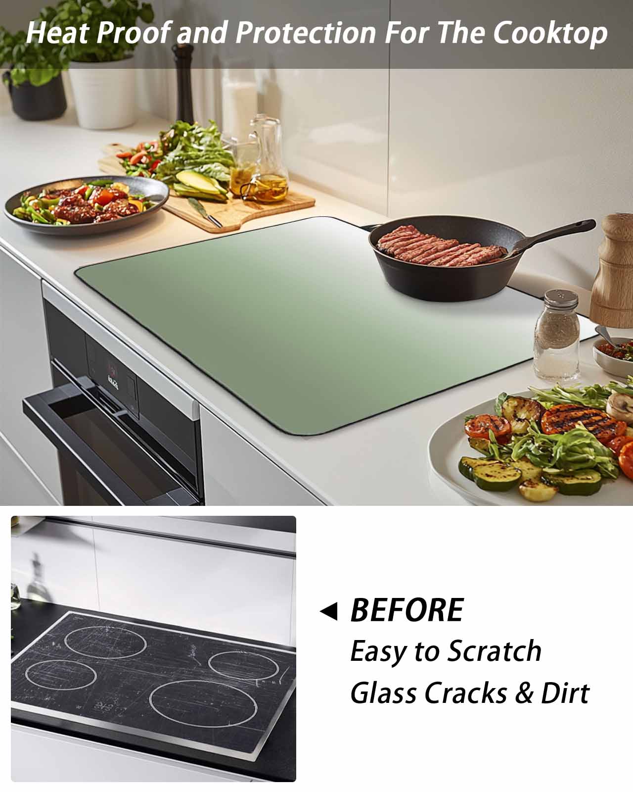 Sage Green Stove Top Covers for Electric Stove, 28'x20'' Green Gradient Ombre Color Glass Ceramic Stove Cover Foldable Rubber Mat Heat Resistant Cooktop Protector for Kitchen