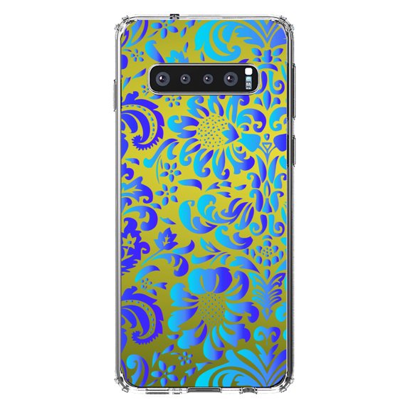 DistinctInk Clear Shockproof Hybrid Case for Samsung Galaxy S10  PLUS(6.4" Screen) - TPU Bumper, Acrylic Back, Tempered Glass Screen Protector - Green Blue Teal Floral Pattern