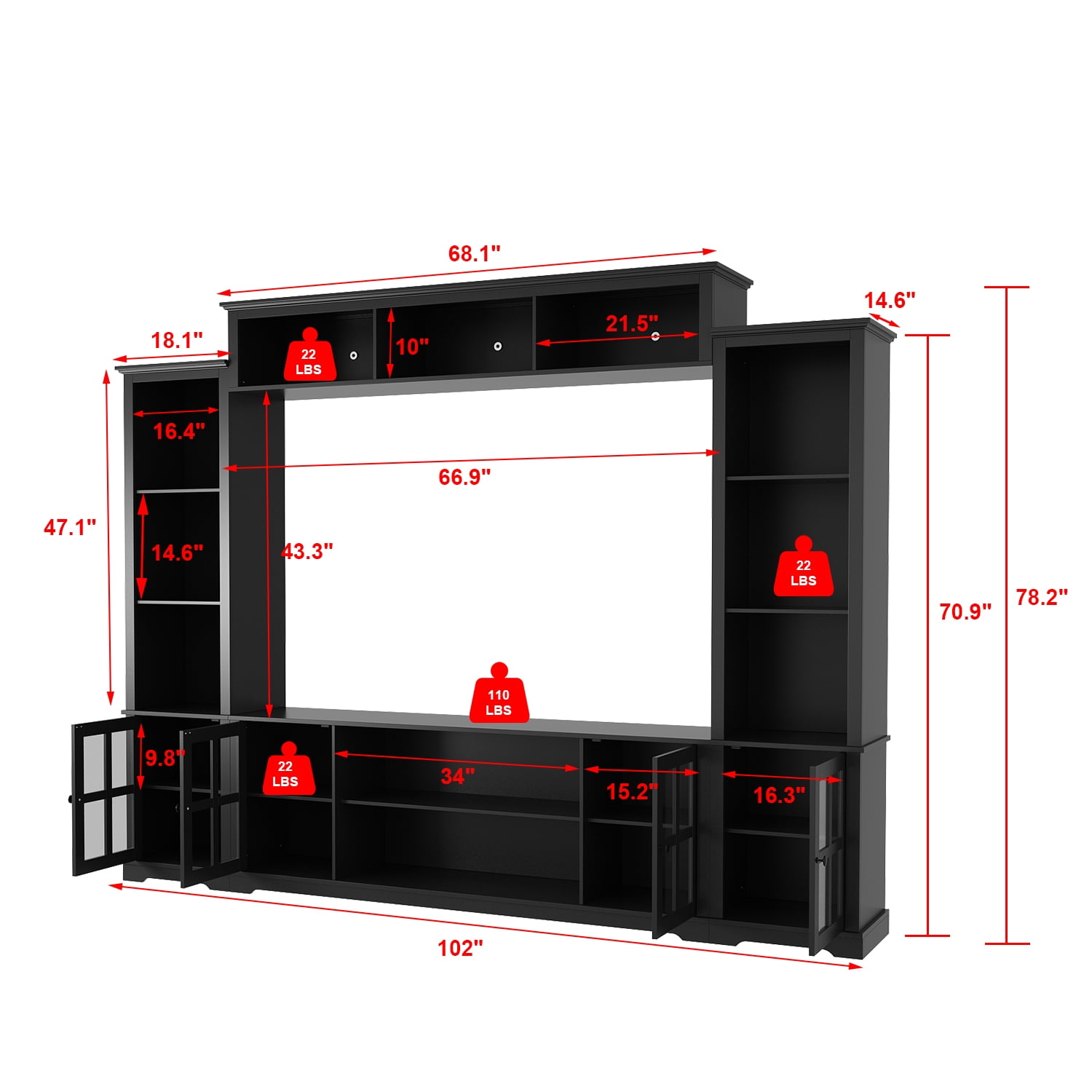 KULAGAGA Entertainment Center withHutch, Media Center with Storage and Glass Door for Living Room,Black