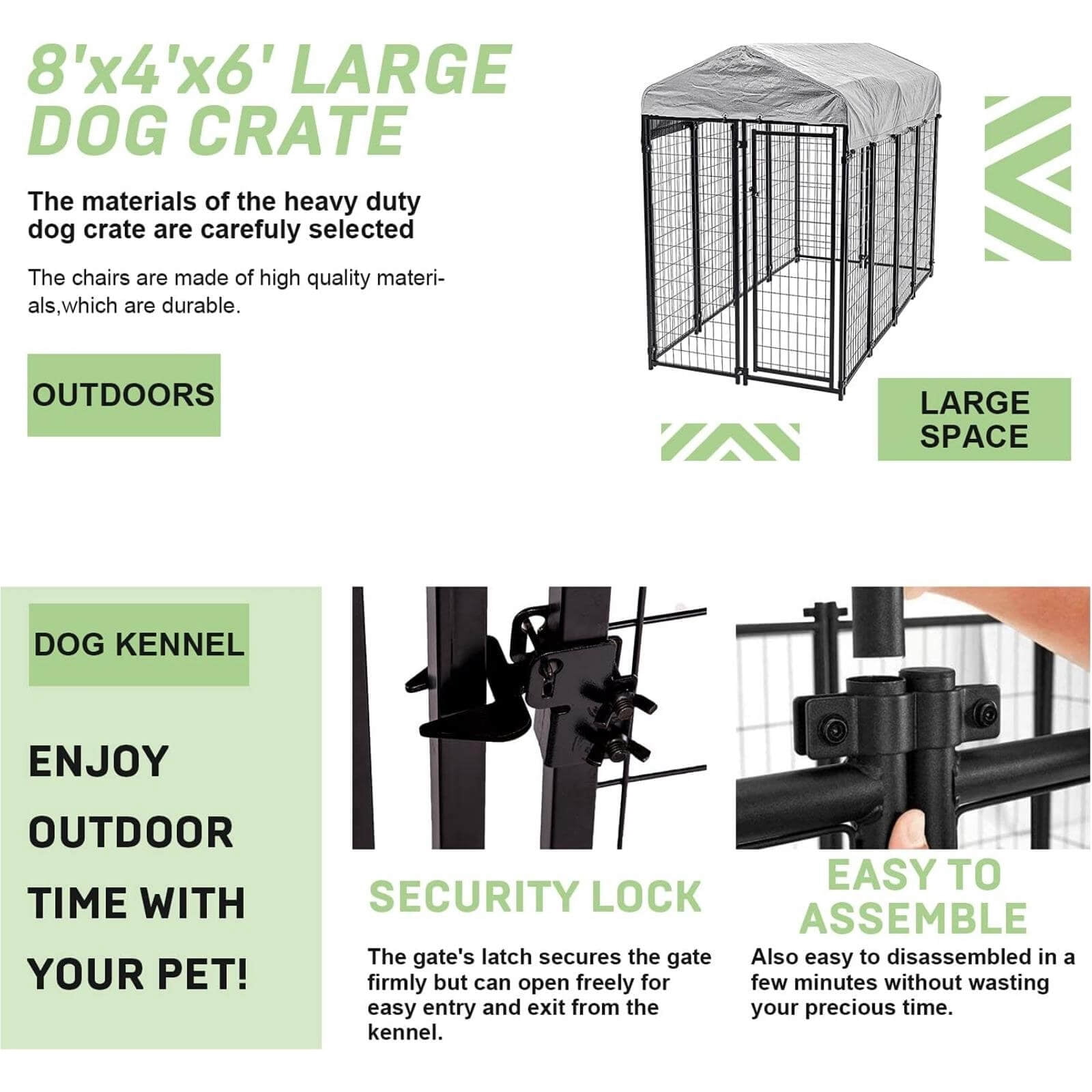 NiamVelo 8'x4'x6' Large Dog Kennel Heavy Duty Playpen Welded Dog Cage with Water-Resistant Cover, Outdoor Dog Fence Crate for Backyard, Black
