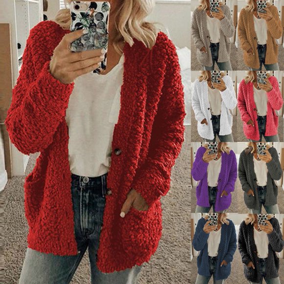 Sweaters for Womens Sweaters Womens Cardigan Sweaters Women Casual Plus Size Plush Sweater Pockets Outerwear Buttons Cardigan Coat