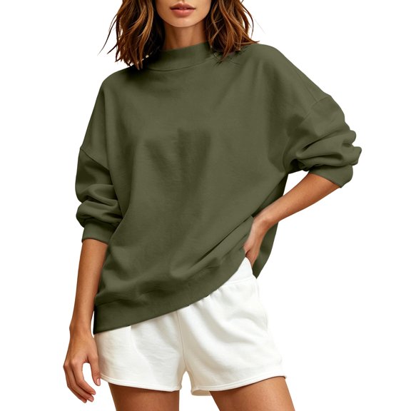 ClodeEU Women's Mock Neck Drop Shoulder Long Sleeve Sweatshirt,Casual Loose Basic Pullover Top Army Green,Women's Plus L