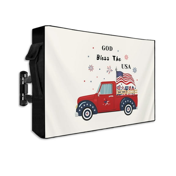 American Flag Truck Celebration Outdoor TV Cover 70 to 75 Inch Weatherproof, Flag Day Beige Fireworks 600D Oxford TV Covers with Waterproof Zipper, Outside Flat TV Screen Protector 68"Wx42"Hx4.5"D