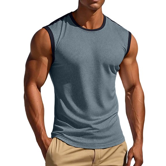 HappyYEE Men's Sport Tank Tops, Fashion Color Block Sleeveless Round Neck T-Shirt, Summer Breathable Loose Workout Tanks Dark Gray M