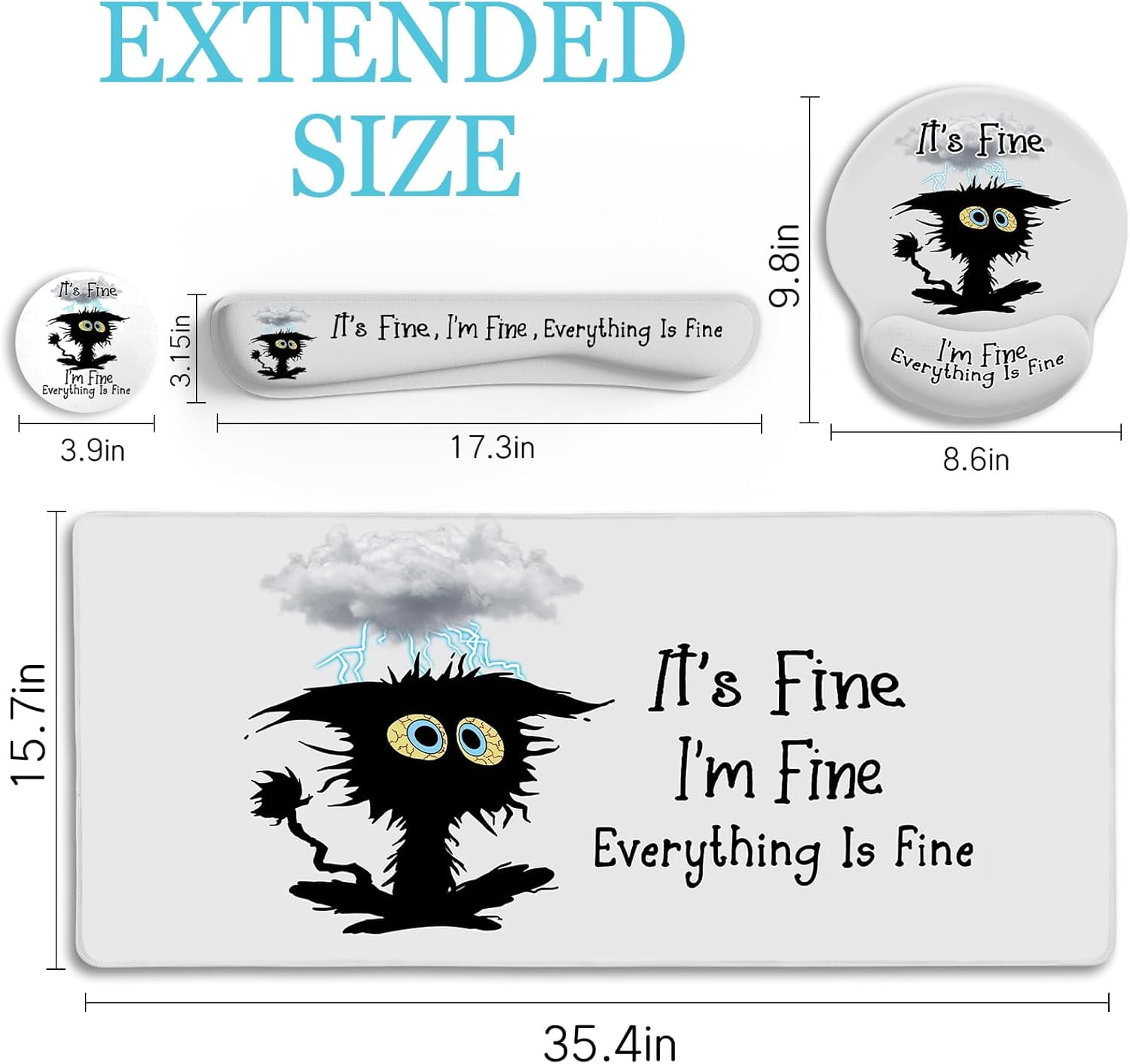 Desk Mat Set, Large Gaming Mouse Pad with Wrist Rest, Ergonomic Mouse Pad Keyboard Mat Wrist Support, Cup Coaster, Home Office Desk Accessories Decor Supplies, Funny Black Cat