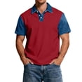 thumbnail image 3 of Blekii Men's Denim Patchwork Short Sleeve Polo Shirt Slim Fit Casual Button down Red L, 3 of 7