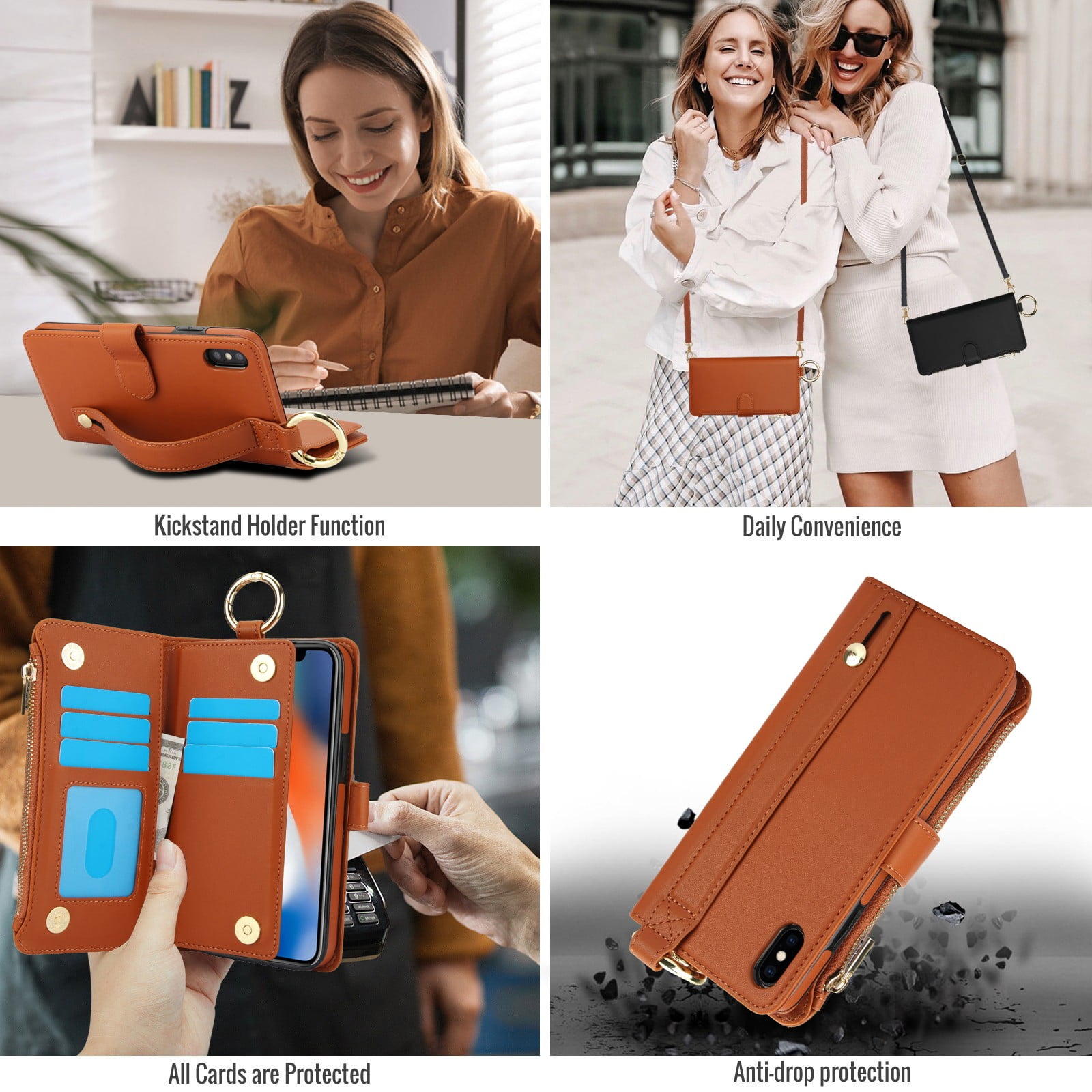 ELEHOLD For iPhone XS/X Phone Case Leather Crossbody Zipper Card Wallet Flip Case Kickstand Cover, with Ring Holder,Full Body Protection-Brown
