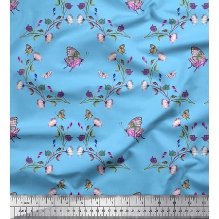 Soimoi polyester Crepe Fabric Butterfly & Wildflower Floral Print Fabric by Yard 42 Inch Wide
