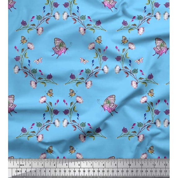 Soimoi Crepe Silk Fabric Butterfly & Wildflower Floral Printed Craft Fabric by the Yard 42 Inch Wide