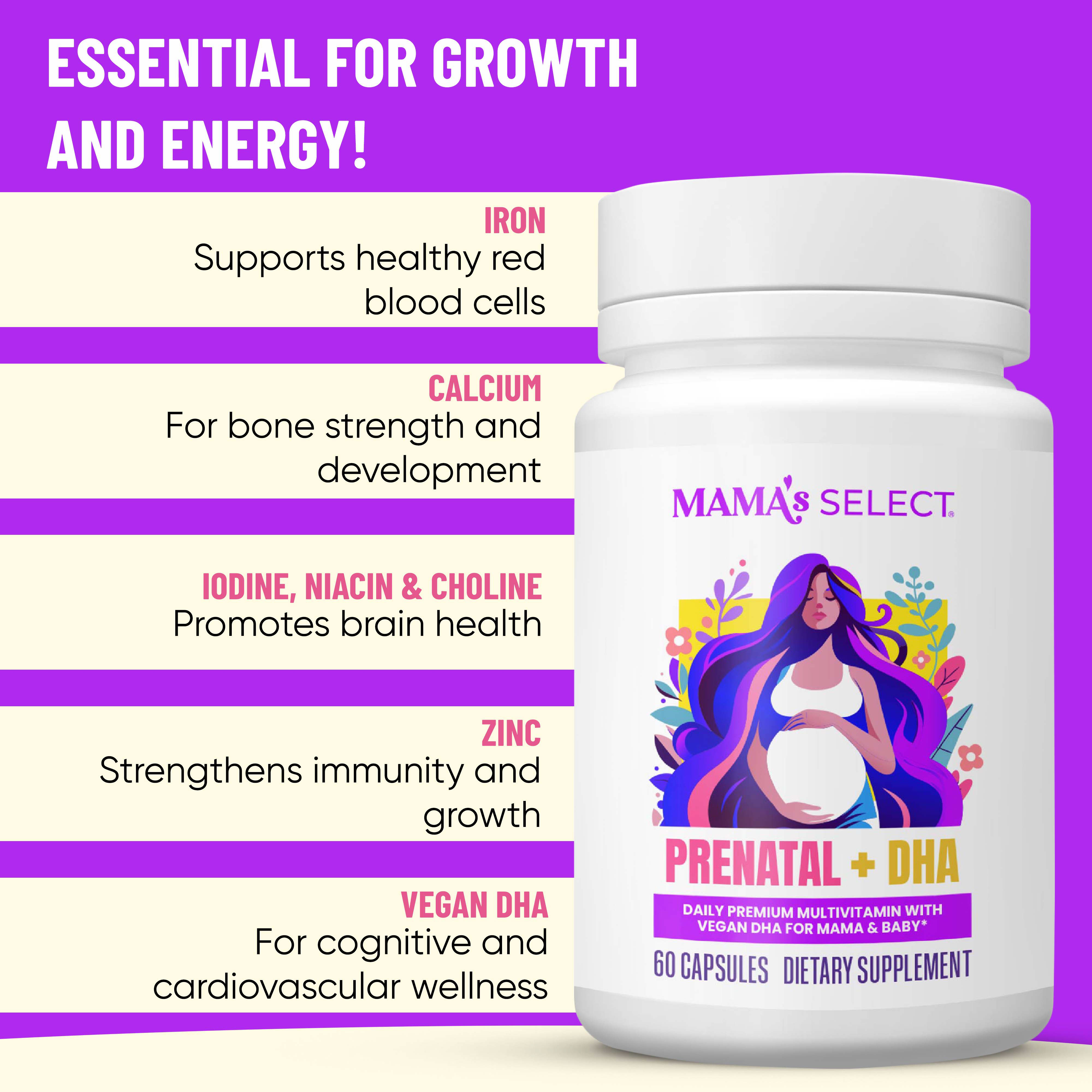 Mama’s Select Prenatal Vitamins with Vegan DHA – MTHFR-Friendly, Fish-Free & No Fish Burps, Allergen-Free, Gentle on Digestion, No Biotin Added
