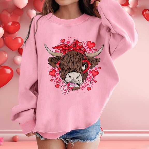 HUITKMM Girls Fashion Casual Round Neck Long Sleeve Valentine Printed Sweater Top for Kids 4537