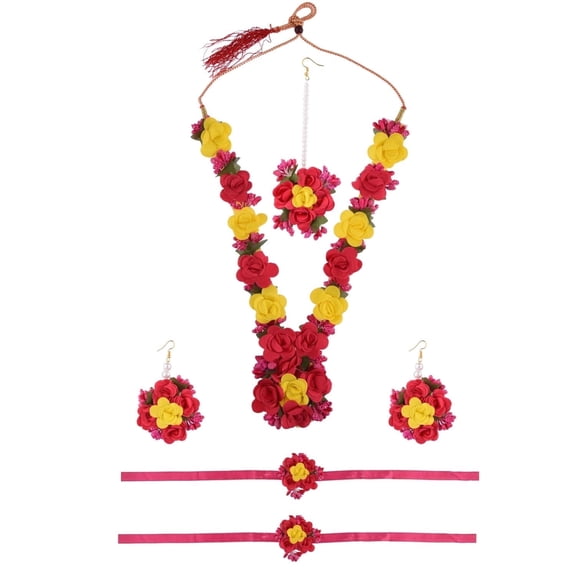 Efulgenz Haldi Mehandi Flower Jewelry Set Indian Wedding Handmade Faux Roses Long Necklace Earrings Maang Tikka Bracelet Set Bridal Jewelry for Haldi Mehandi Wedding Shower