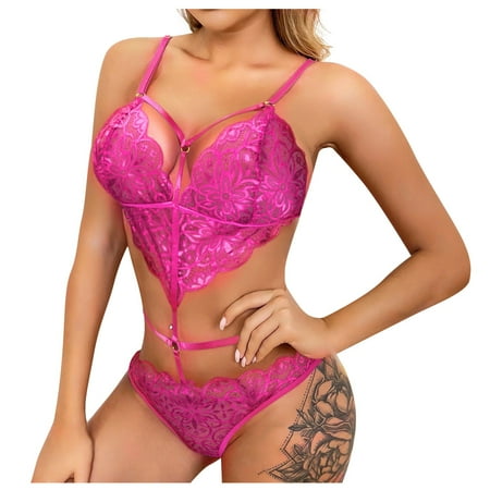 

YDKZYMD Women Sexy Lace Lingerie Chemise With Deep V Set One Piece Teddy Underwear Strappy Sheer Babydoll Bodysuit Set