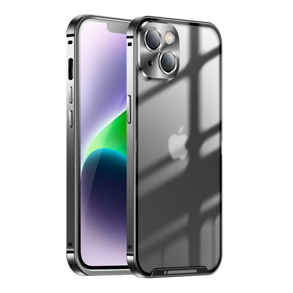 Dteck for iPhone 14 Plus 6.7 Inch Case with Buckle Safety Lock, Slim Metal Bumper Frame Matte Clear PC Back Glass Lens Film All-Inclusive Camera Lens Full Protection Case for iPhone 14 Plus,Black