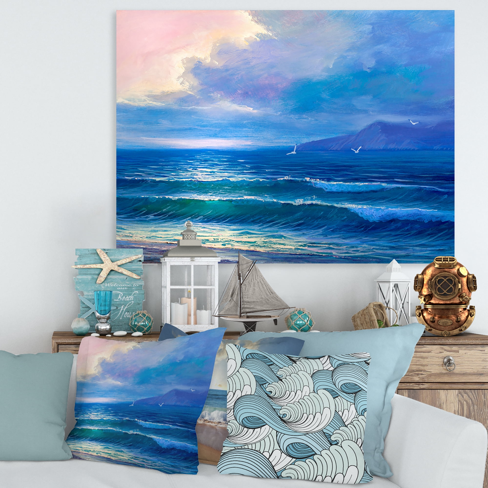 Designart ' Sunrise Glow On The Sea Waves I ' Nautical & Coastal Canvas Wall Art Print