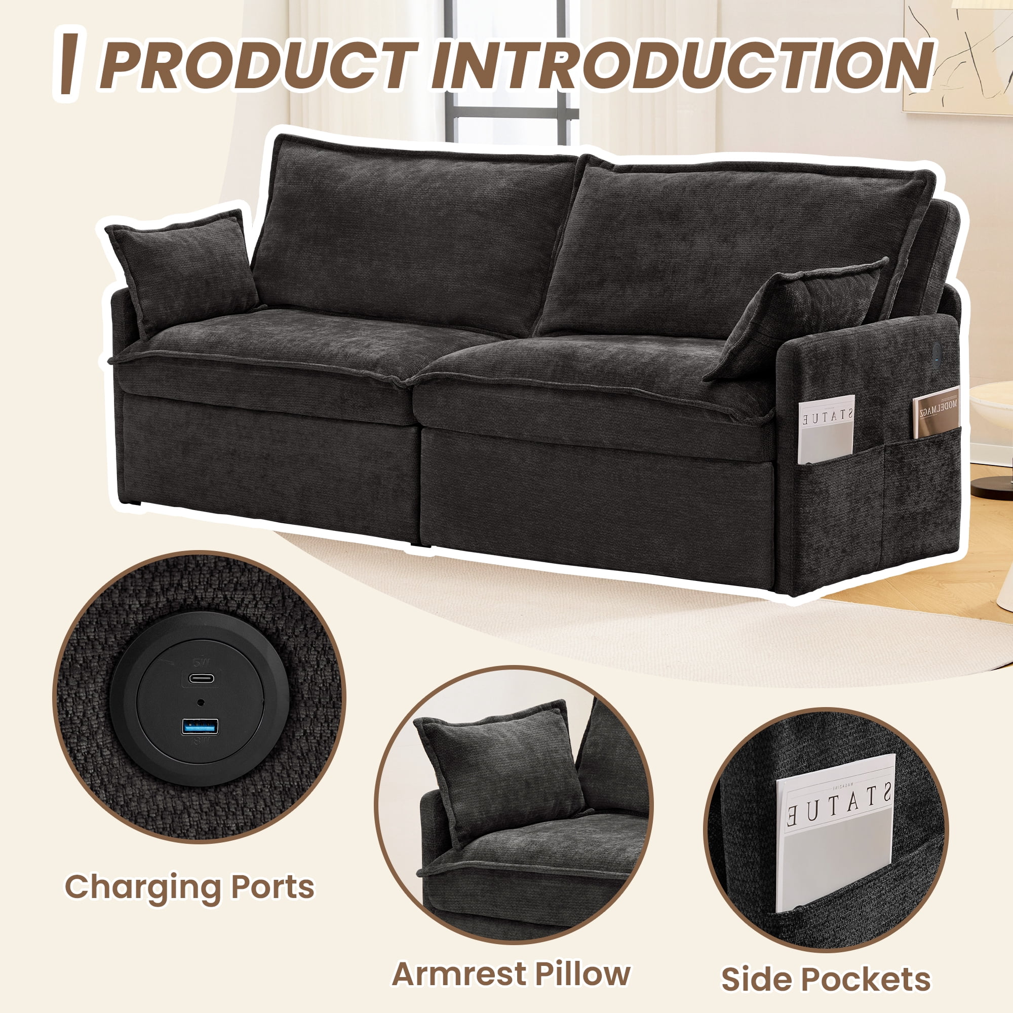 73.6'' Pull Out Sofa Bed, 3 in 1 Convertible Sleeper Loveseat Sofa, Pull Out Couch with USB Charging, Side Pockets for Living Room, Apartment, Small Spaces (Chenille, Black)