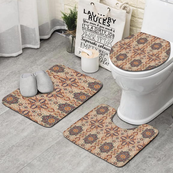 Orange Ethnic Geometric Pattern Bathroom Rugs Sets 3 Piece,Toilet Cover Set,Absorbent Non Slip Bathroom Mats Sets with U-Shaped Contour Rug Toilet Rug Set